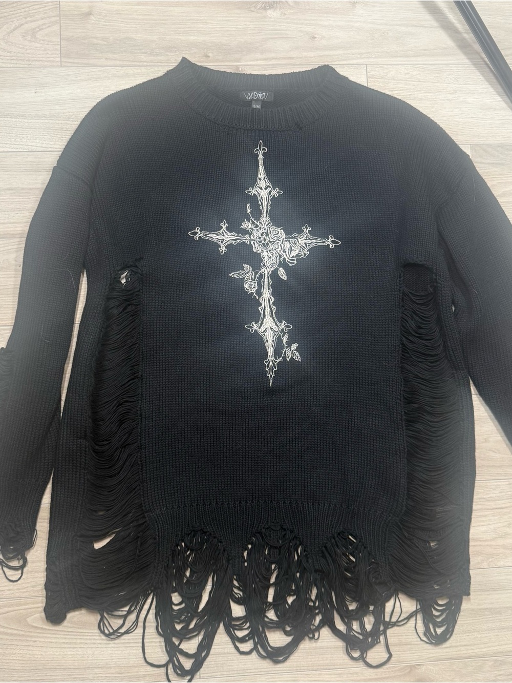Dollskill Widow Black Distressed Knit Sweater with Cross Graphic